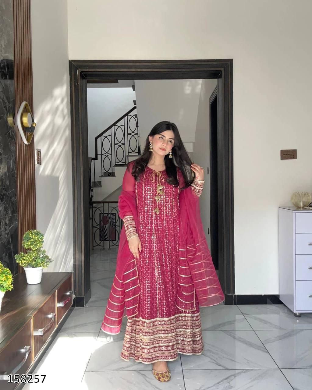 Karwa Chauth Special Dress: Heavy Fox Georgette Embroidered Gown-Pant with Dupatta