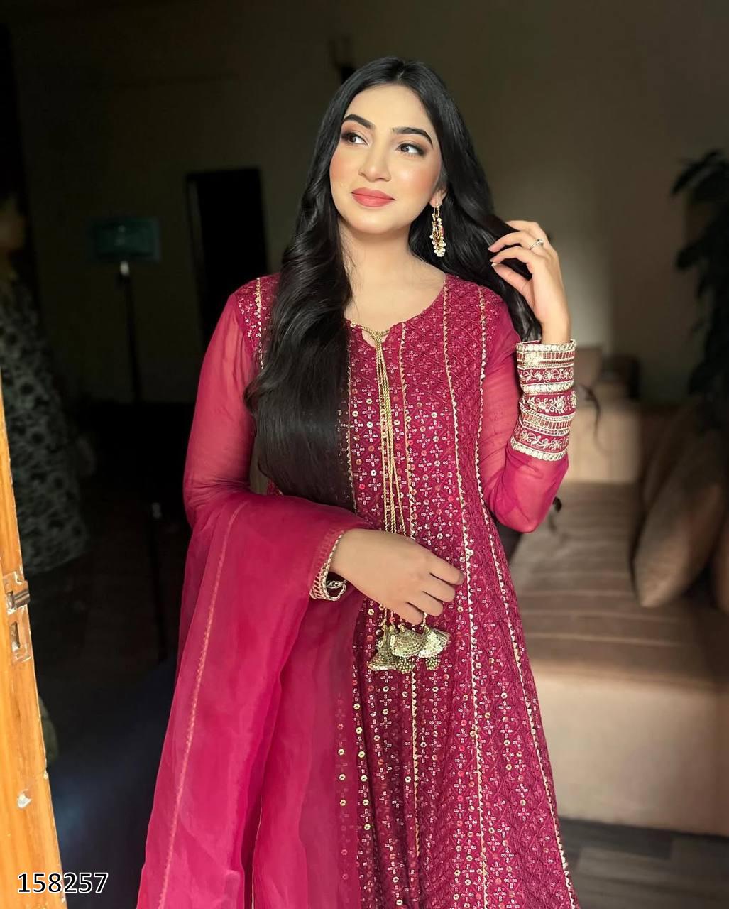 Karwa Chauth Special Dress: Heavy Fox Georgette Embroidered Gown-Pant with Dupatta