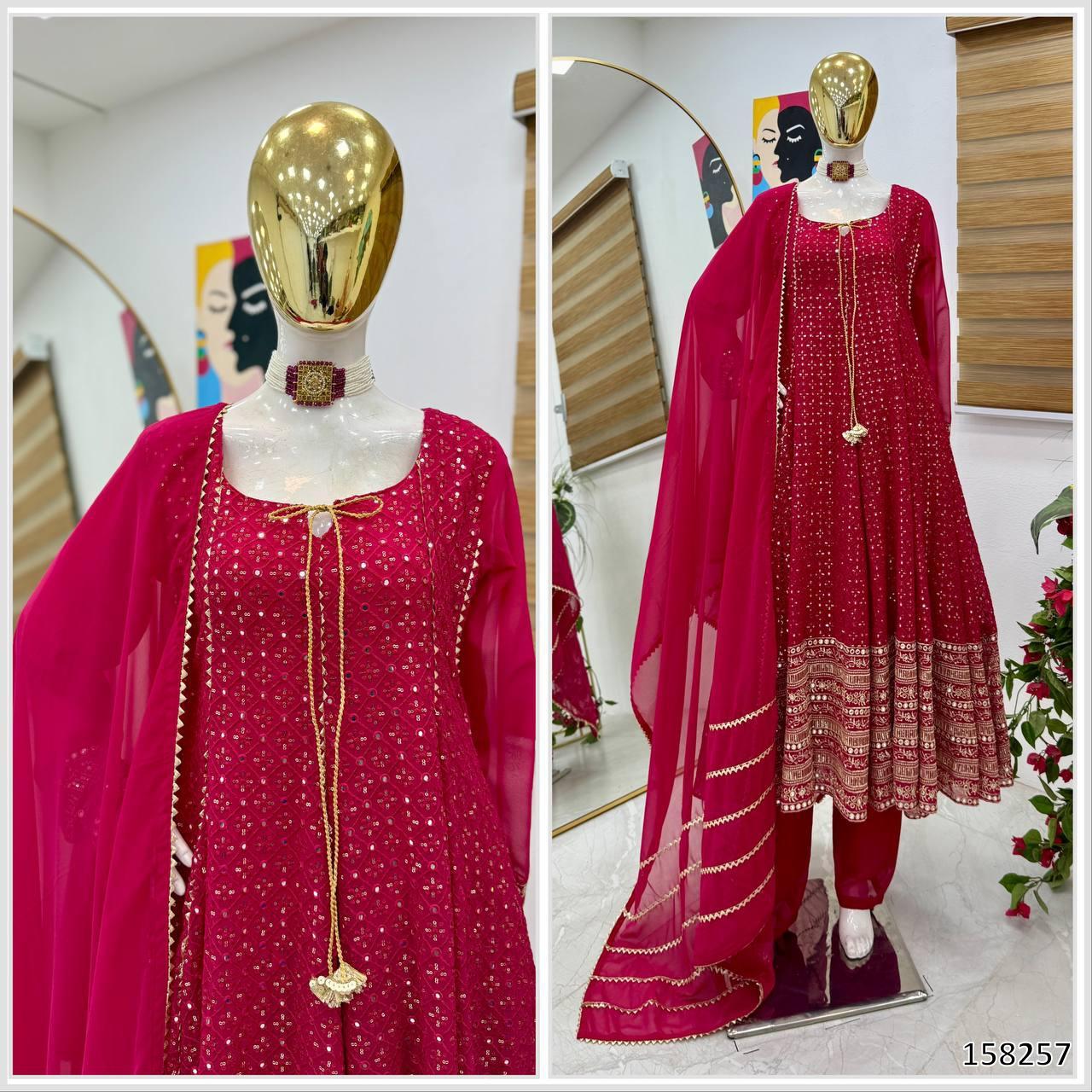 Karwa Chauth Special Dress: Heavy Fox Georgette Embroidered Gown-Pant with Dupatta