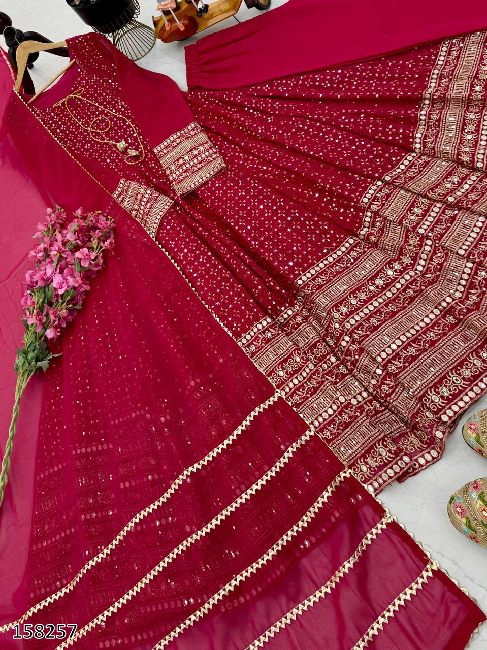 Karwa Chauth Special Dress: Heavy Fox Georgette Embroidered Gown-Pant with Dupatta
