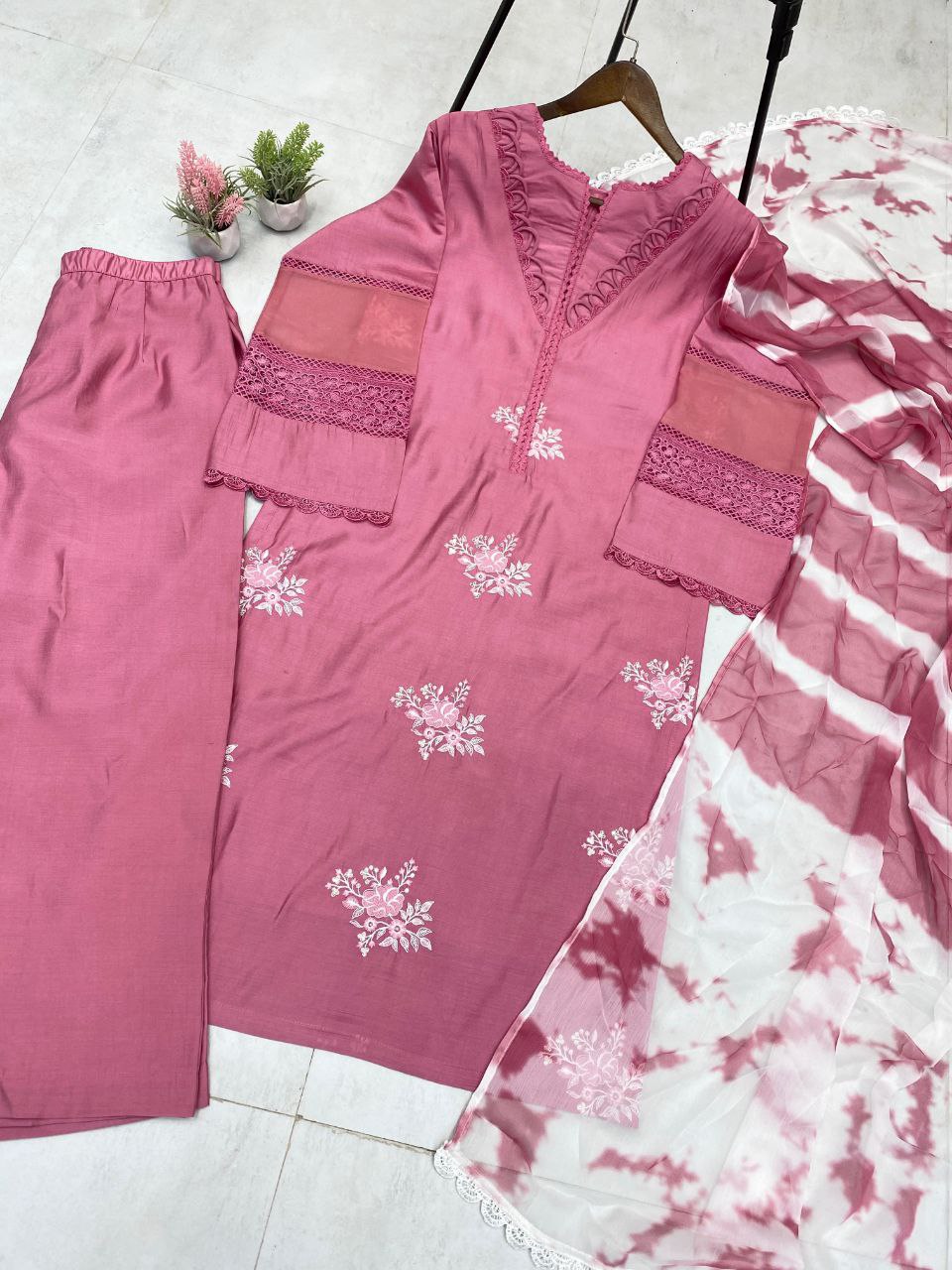 In Roman Silk Fabric with Elegant Silver Chiffon Dupatta