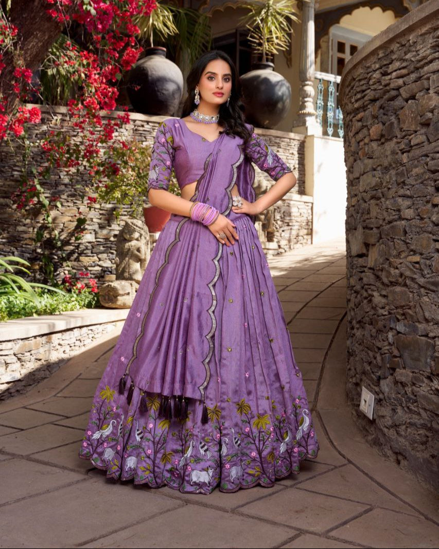 Lavender Elegance: Vichitra Simmer Lehenga Choli with Sequins Embroidery & Tassel Dupatta