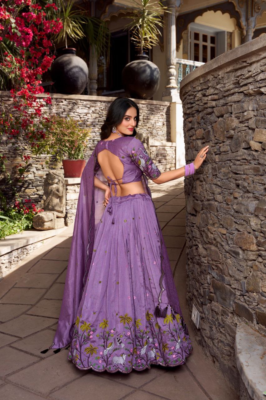 Lavender Elegance: Vichitra Simmer Lehenga Choli with Sequins Embroidery & Tassel Dupatta