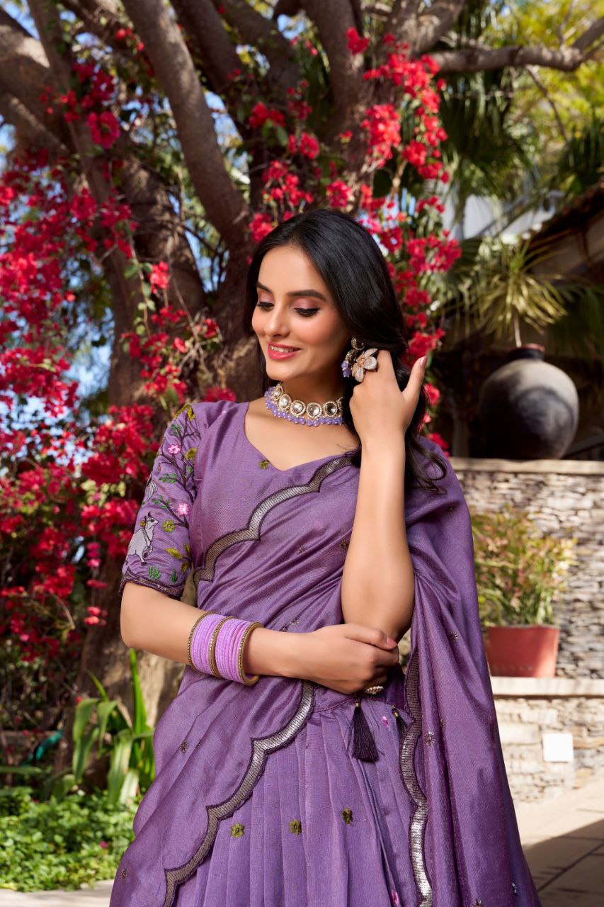 Lavender Elegance: Vichitra Simmer Lehenga Choli with Sequins Embroidery & Tassel Dupatta