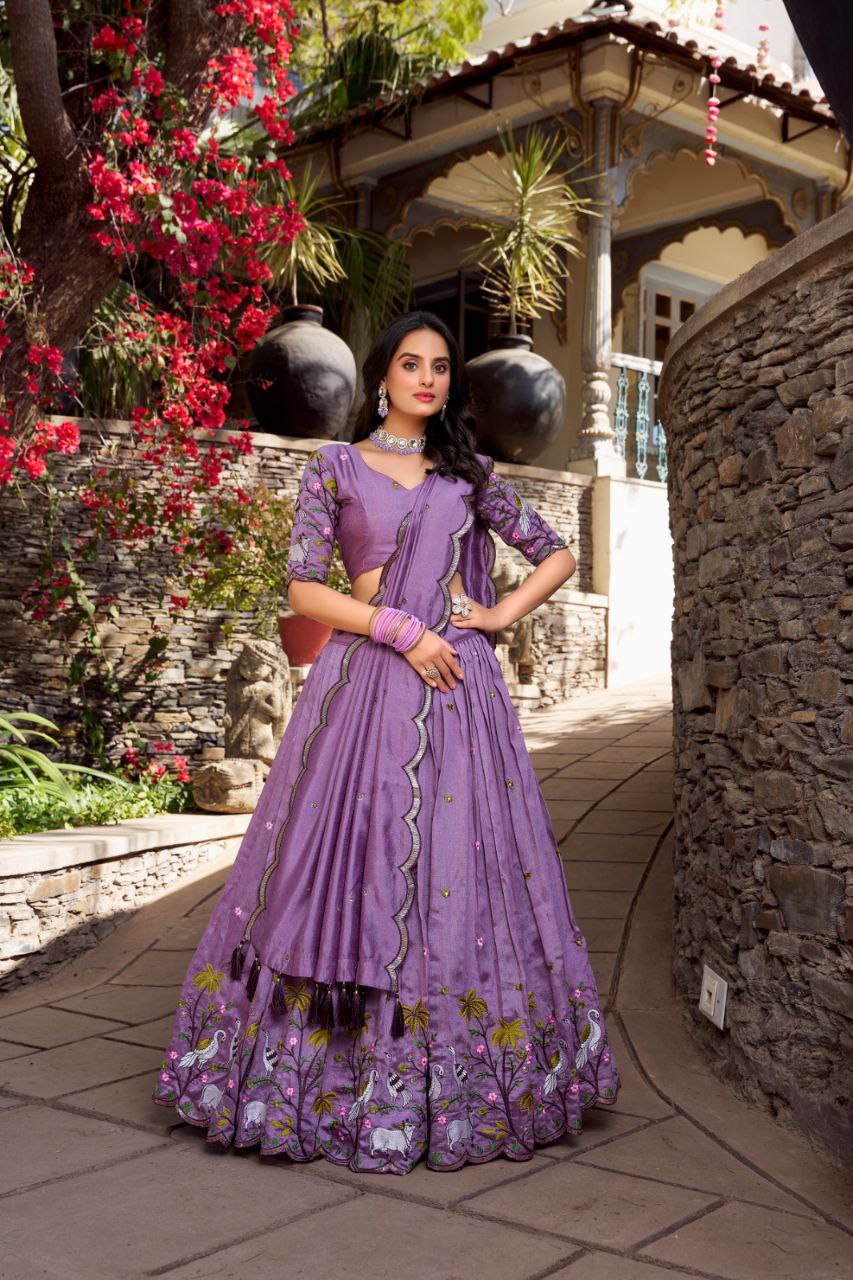 Lavender Elegance: Vichitra Simmer Lehenga Choli with Sequins Embroidery & Tassel Dupatta