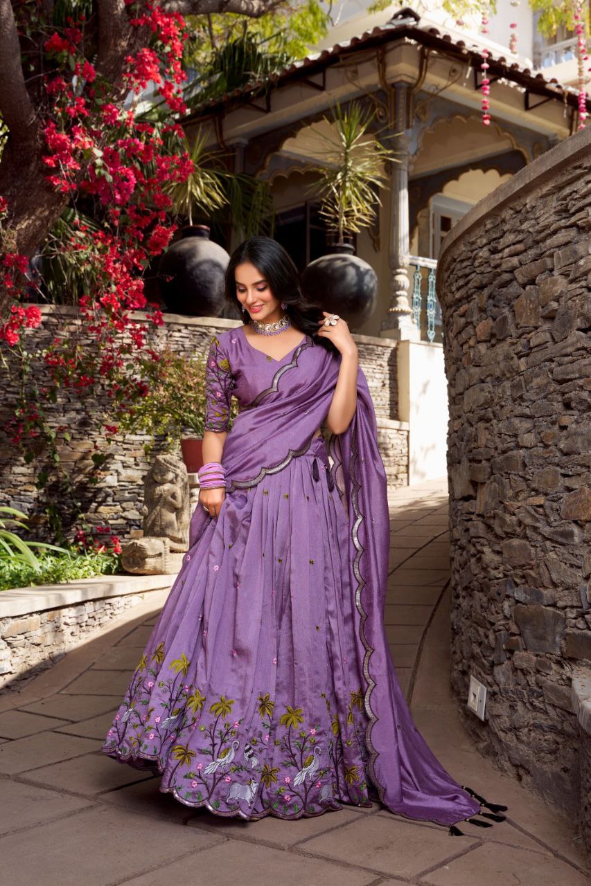 Lavender Elegance: Vichitra Simmer Lehenga Choli with Sequins Embroidery & Tassel Dupatta