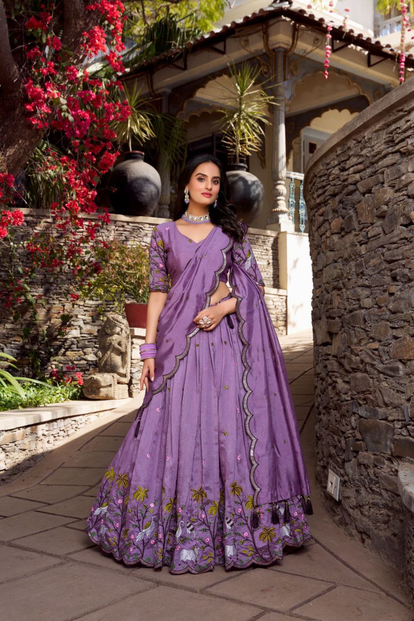 Lavender Elegance: Vichitra Simmer Lehenga Choli with Sequins Embroidery & Tassel Dupatta