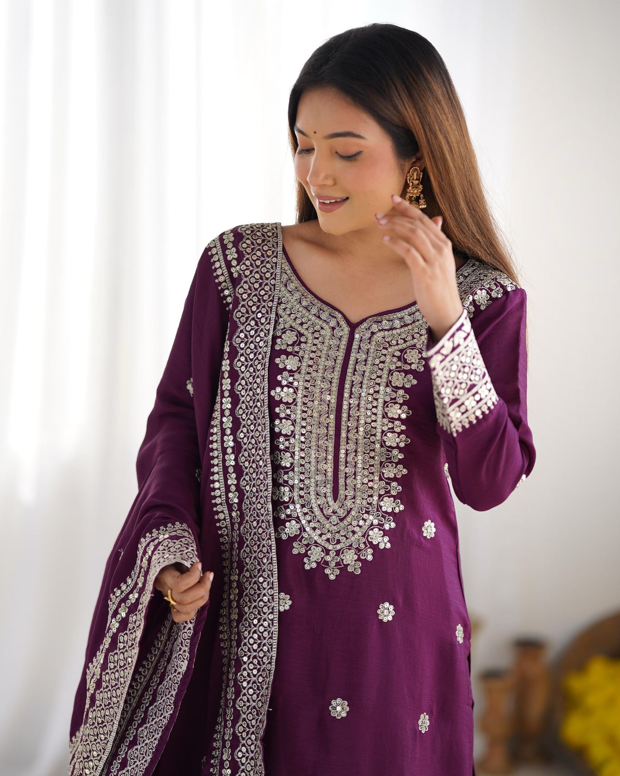 Luxury Chinnon Silk Embroidered Plazzo Suit Collection – Elegant Top, Plazo & Dupatta Set