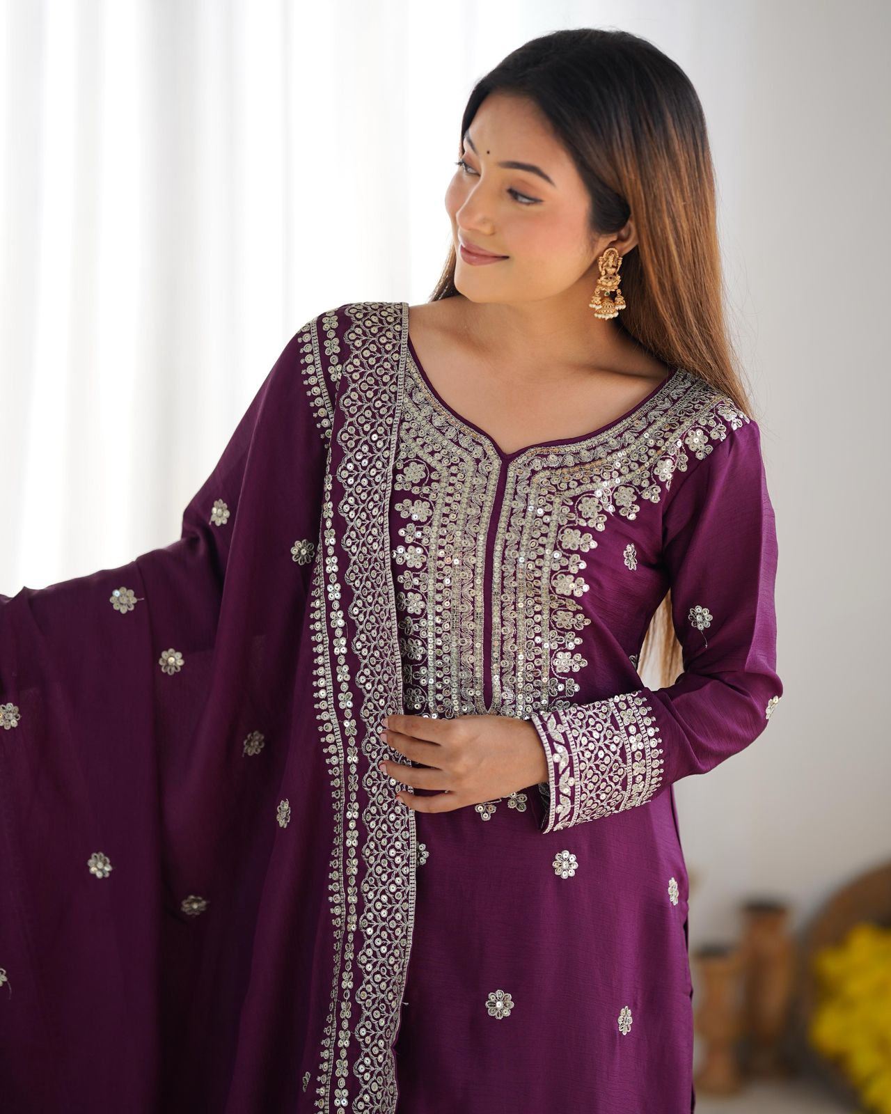 Luxury Chinnon Silk Embroidered Plazzo Suit Collection – Elegant Top, Plazo & Dupatta Set