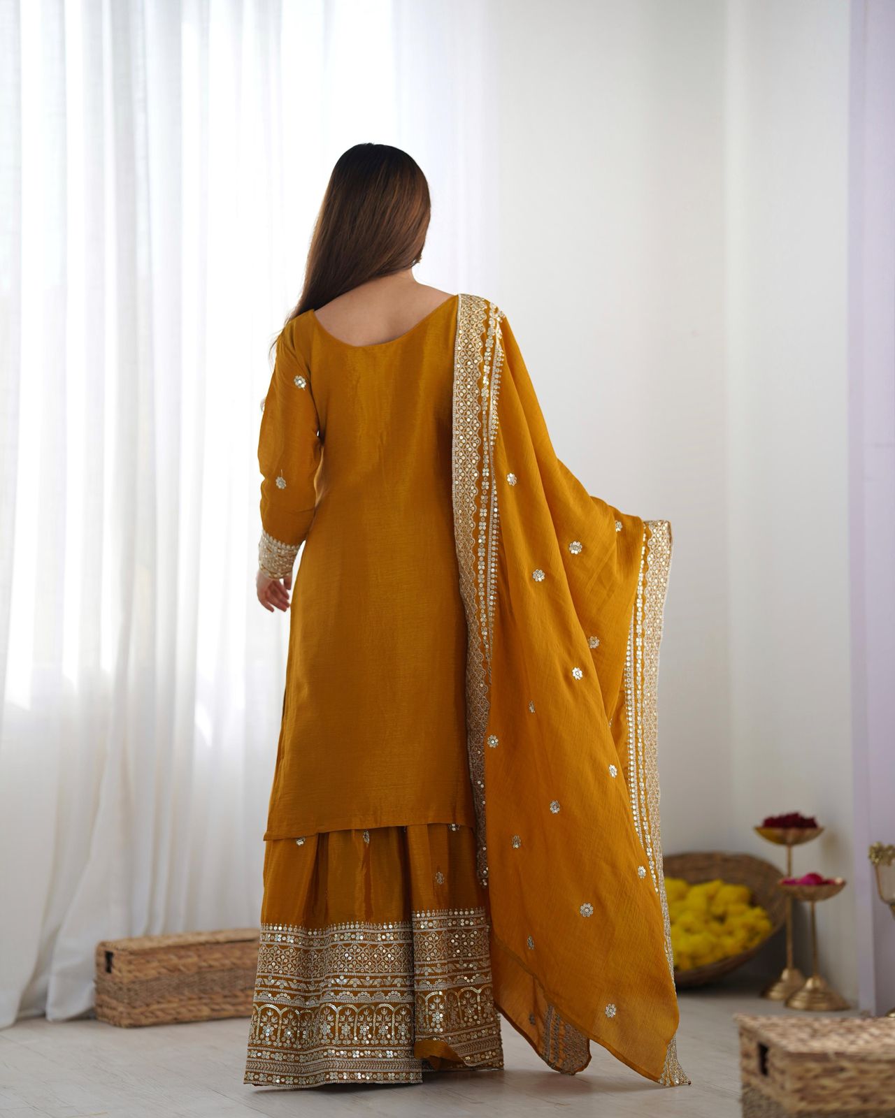 Luxury Chinnon Silk Embroidered Plazzo Suit Collection – Elegant Top, Plazo & Dupatta Set