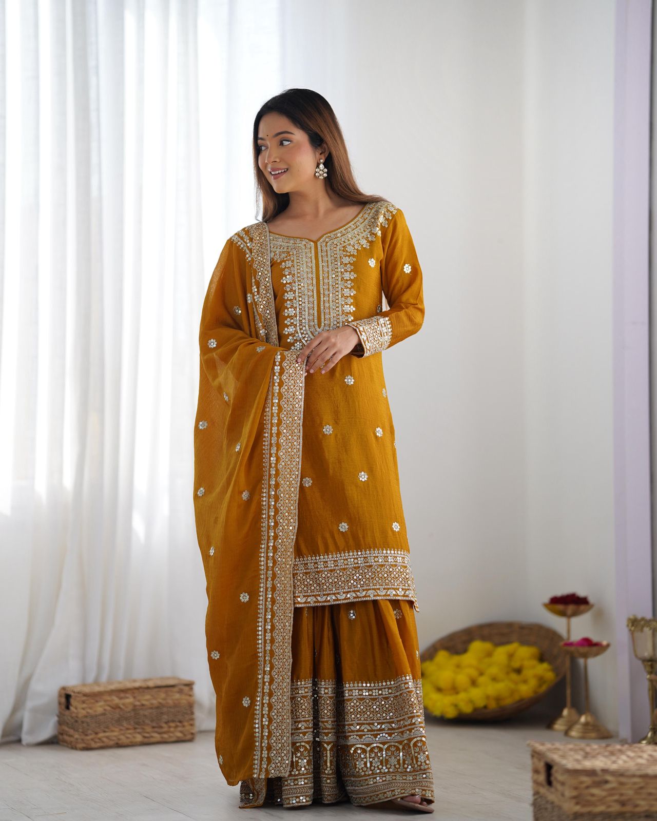 Luxury Chinnon Silk Embroidered Plazzo Suit Collection – Elegant Top, Plazo & Dupatta Set