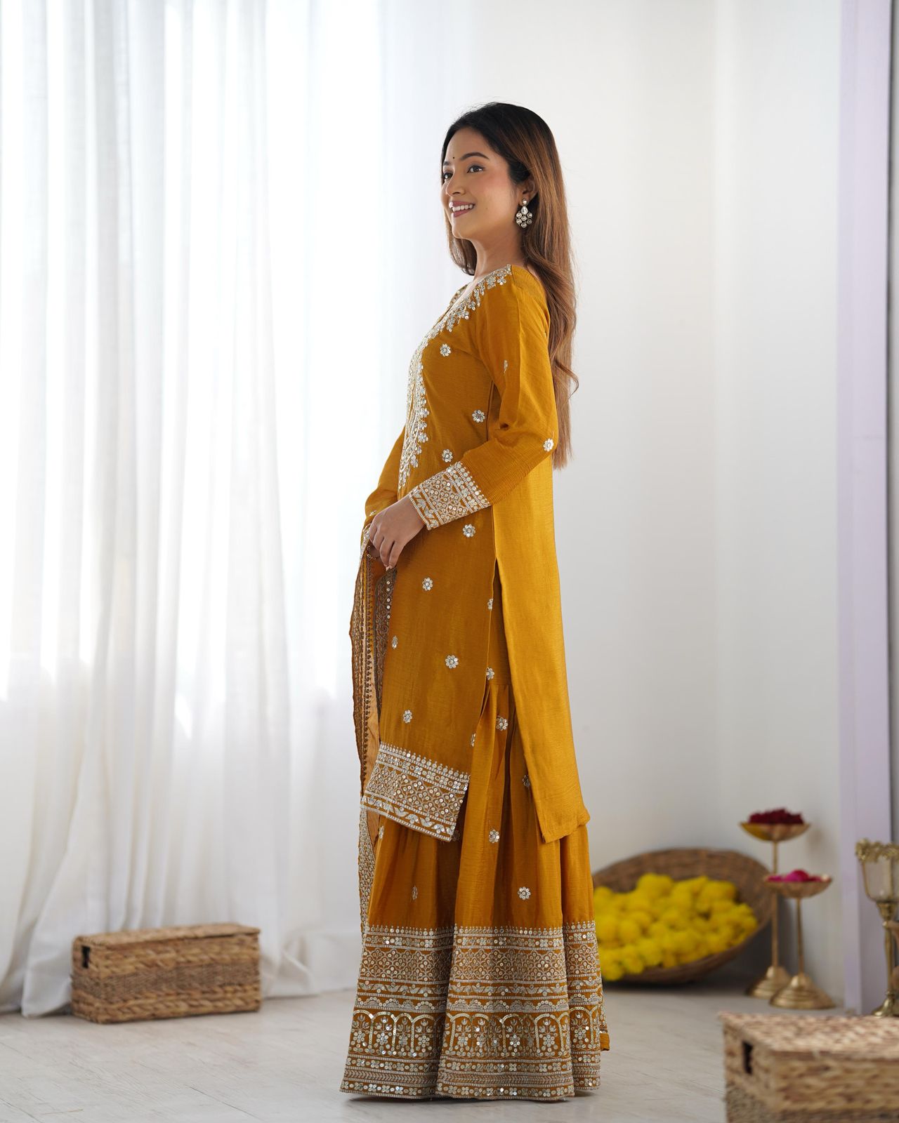 Luxury Chinnon Silk Embroidered Plazzo Suit Collection – Elegant Top, Plazo & Dupatta Set