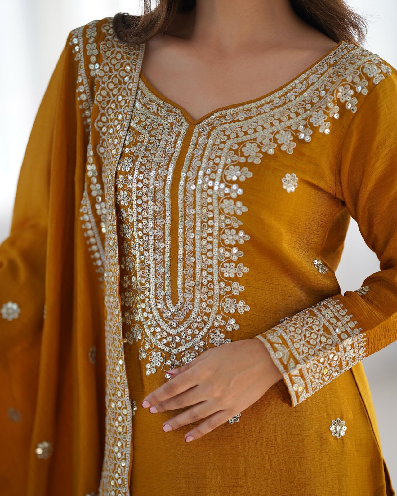 Luxury Chinnon Silk Embroidered Plazzo Suit Collection – Elegant Top, Plazo & Dupatta Set