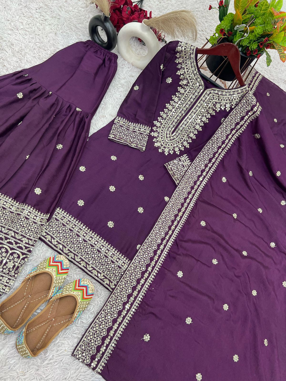 Luxury Chinnon Silk Embroidered Plazzo Suit Collection – Elegant Top, Plazo & Dupatta Set