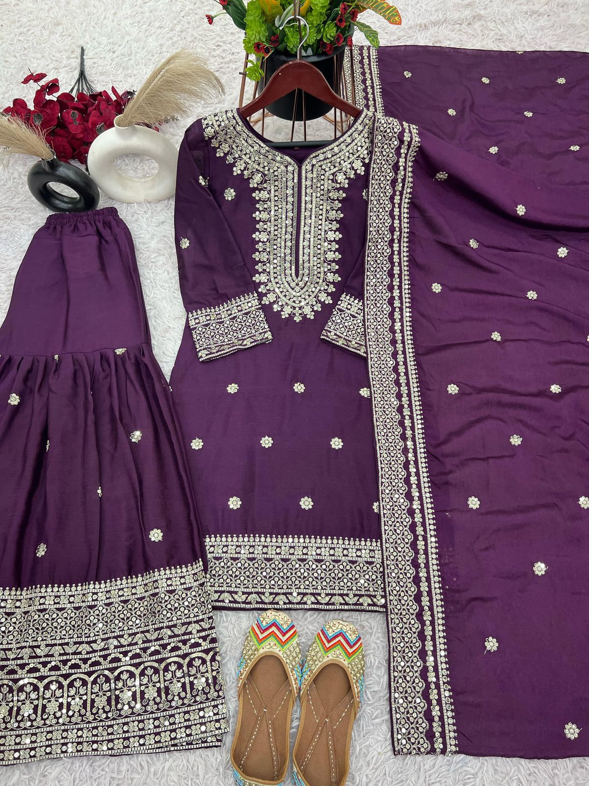 Luxury Chinnon Silk Embroidered Plazzo Suit Collection – Elegant Top, Plazo & Dupatta Set