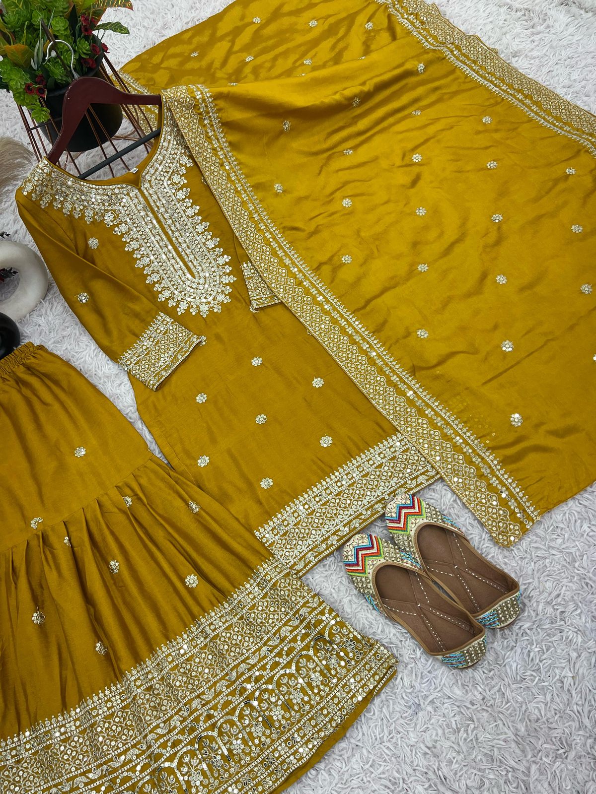 Luxury Chinnon Silk Embroidered Plazzo Suit Collection – Elegant Top, Plazo & Dupatta Set