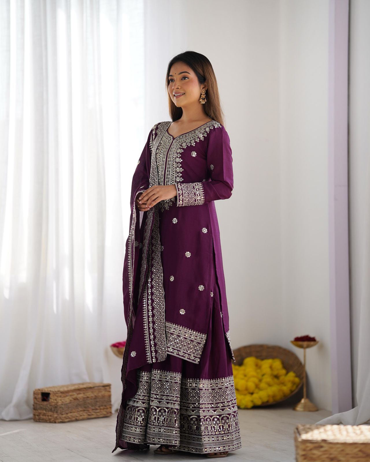 Luxury Chinnon Silk Embroidered Plazzo Suit Collection – Elegant Top, Plazo & Dupatta Set