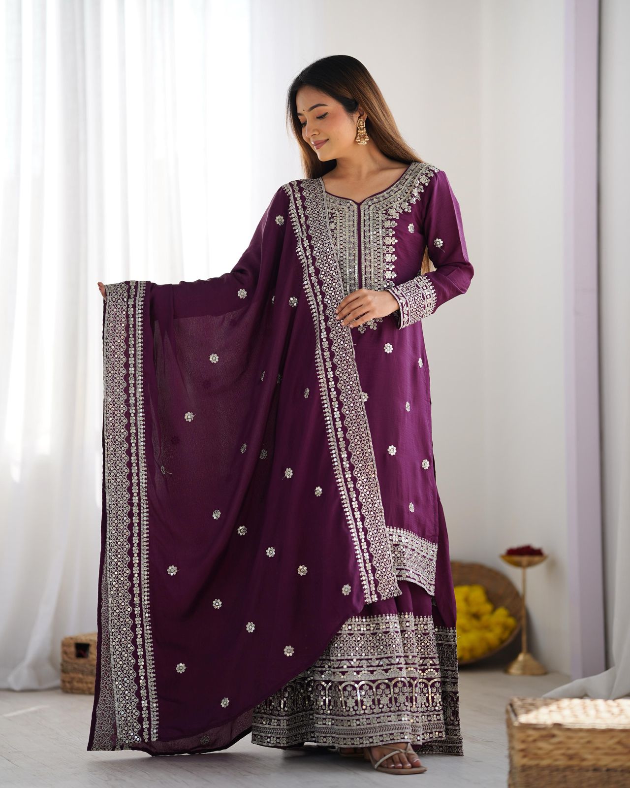 Luxury Chinnon Silk Embroidered Plazzo Suit Collection – Elegant Top, Plazo & Dupatta Set