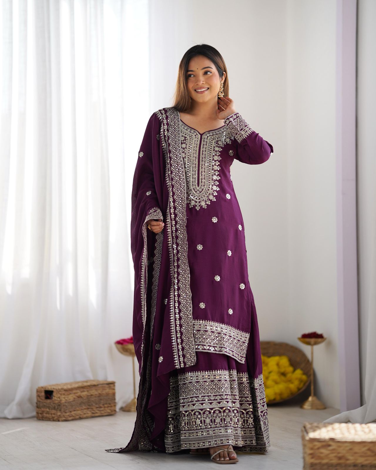 Luxury Chinnon Silk Embroidered Plazzo Suit Collection – Elegant Top, Plazo & Dupatta Set