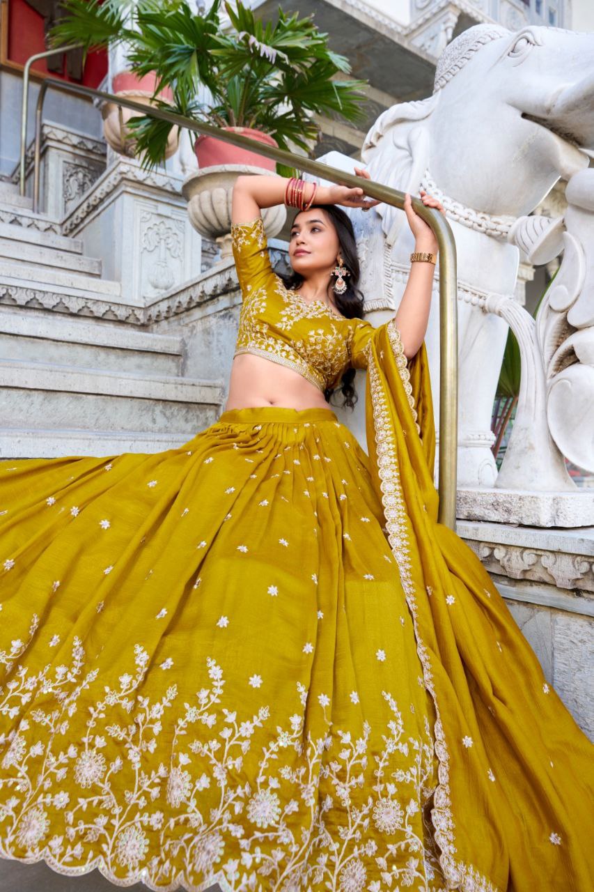Mustard Vichitra Silk Embroidered Lehenga Choli Set | Wedding Collection 2025