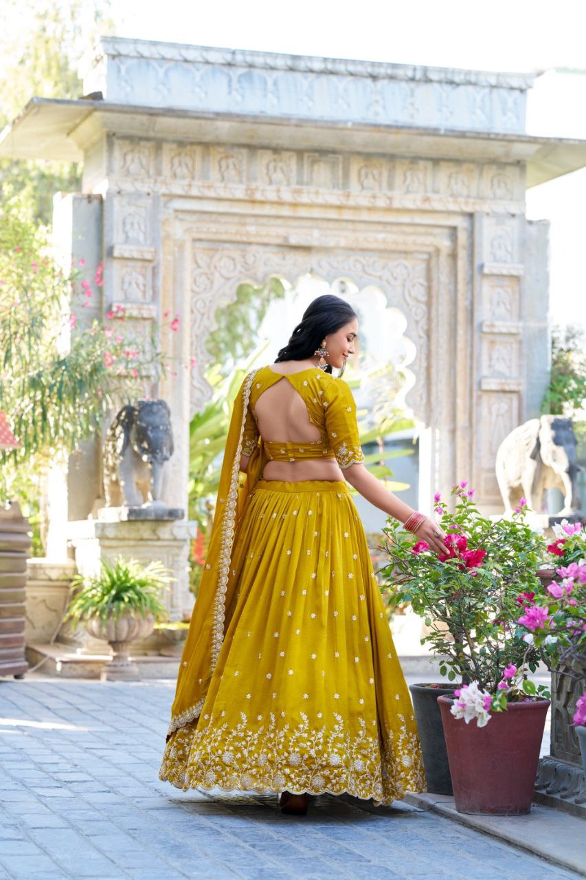 Mustard Vichitra Silk Embroidered Lehenga Choli Set | Wedding Collection 2025