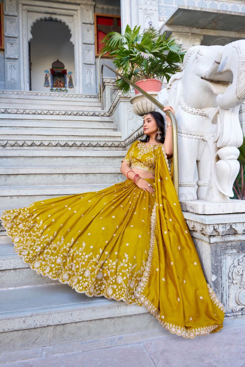 Mustard Vichitra Silk Embroidered Lehenga Choli Set | Wedding Collection 2025