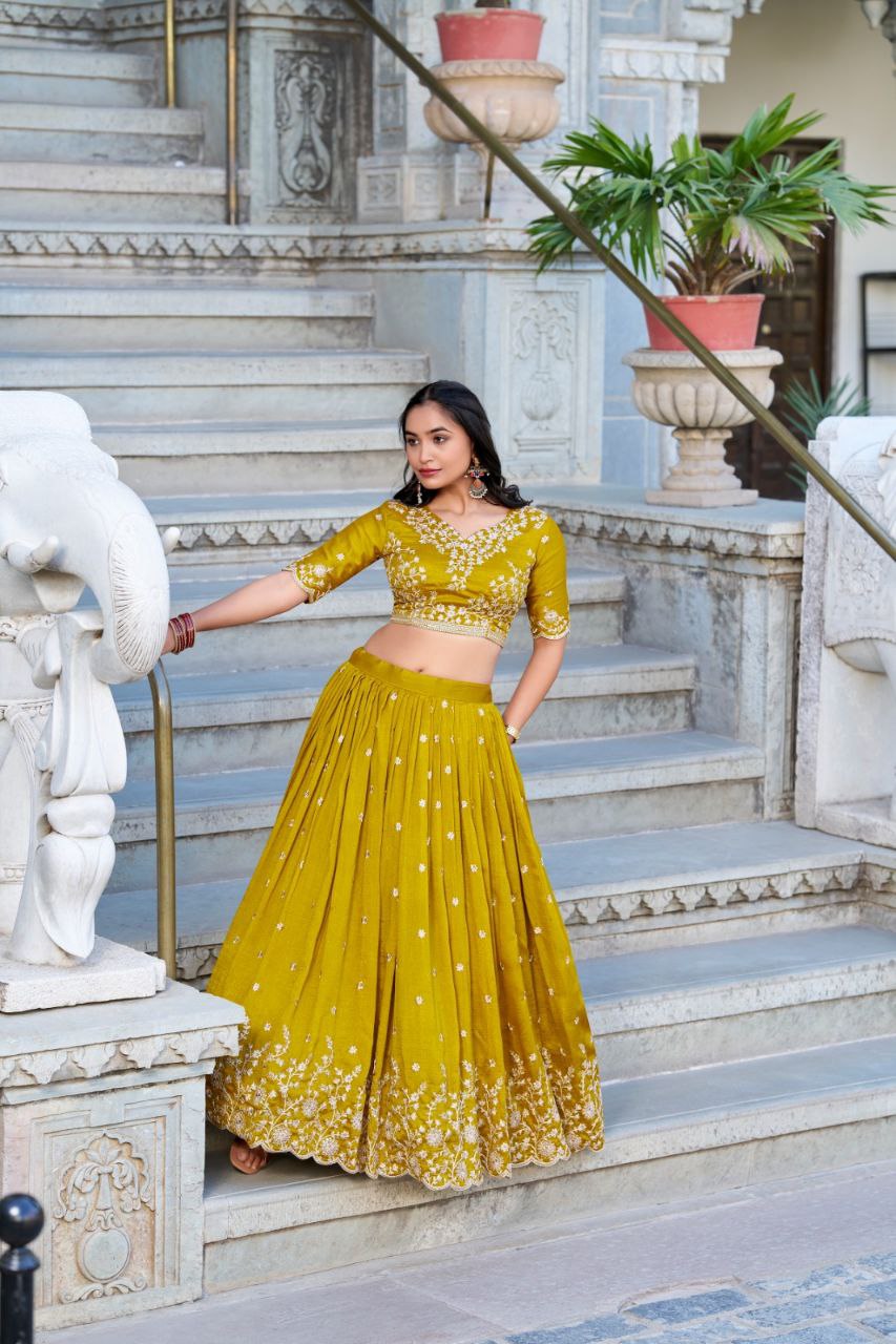 Mustard Vichitra Silk Embroidered Lehenga Choli Set | Wedding Collection 2025