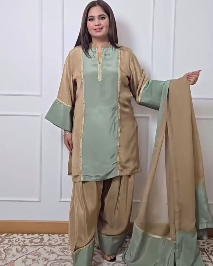 Natural Satin Ethnic Suit Set with Farshi Plazzo & Lace Dupatta | Fully Stitched | Party Wear