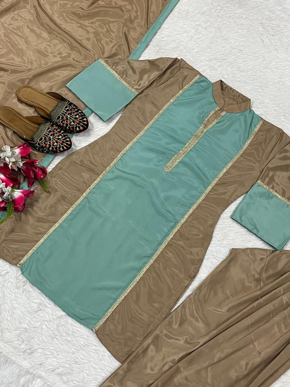 Natural Satin Ethnic Suit Set with Farshi Plazzo & Lace Dupatta | Fully Stitched | Party Wear