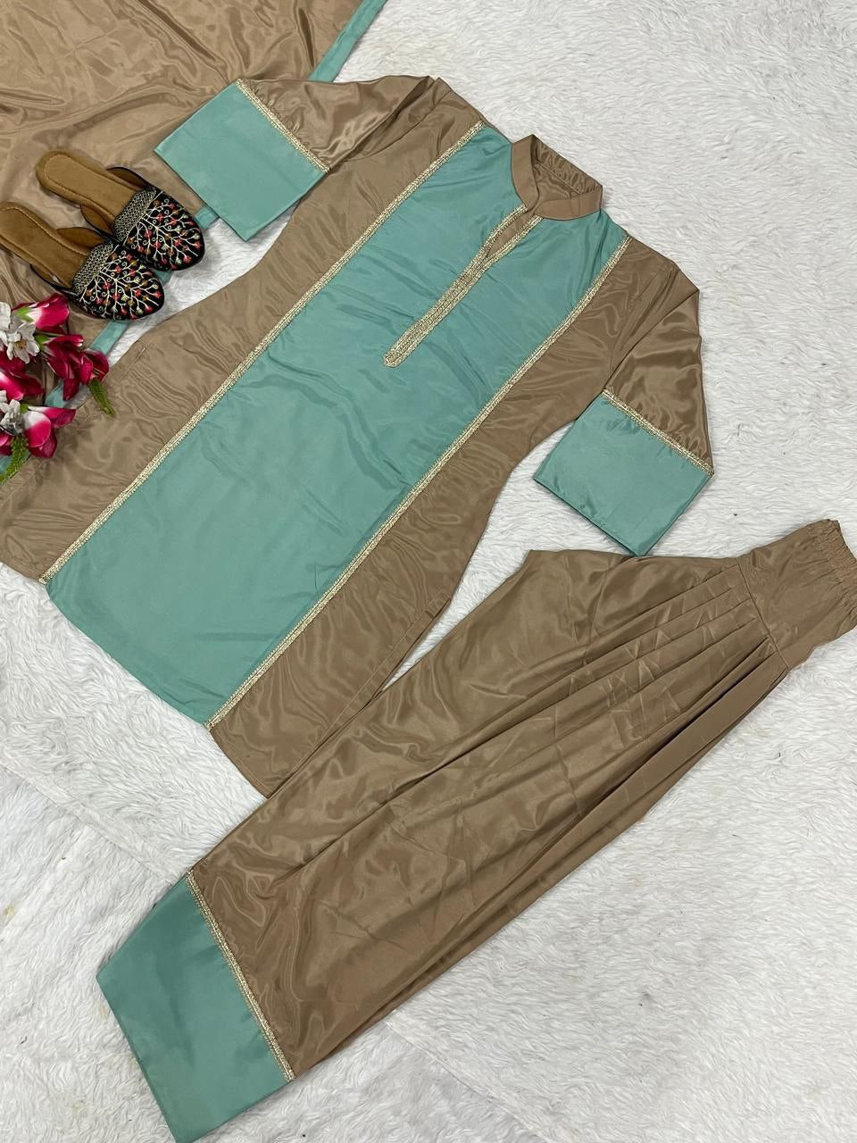 Natural Satin Ethnic Suit Set with Farshi Plazzo & Lace Dupatta | Fully Stitched | Party Wear