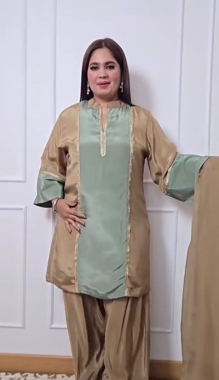 Natural Satin Ethnic Suit Set with Farshi Plazzo & Lace Dupatta | Fully Stitched | Party Wear