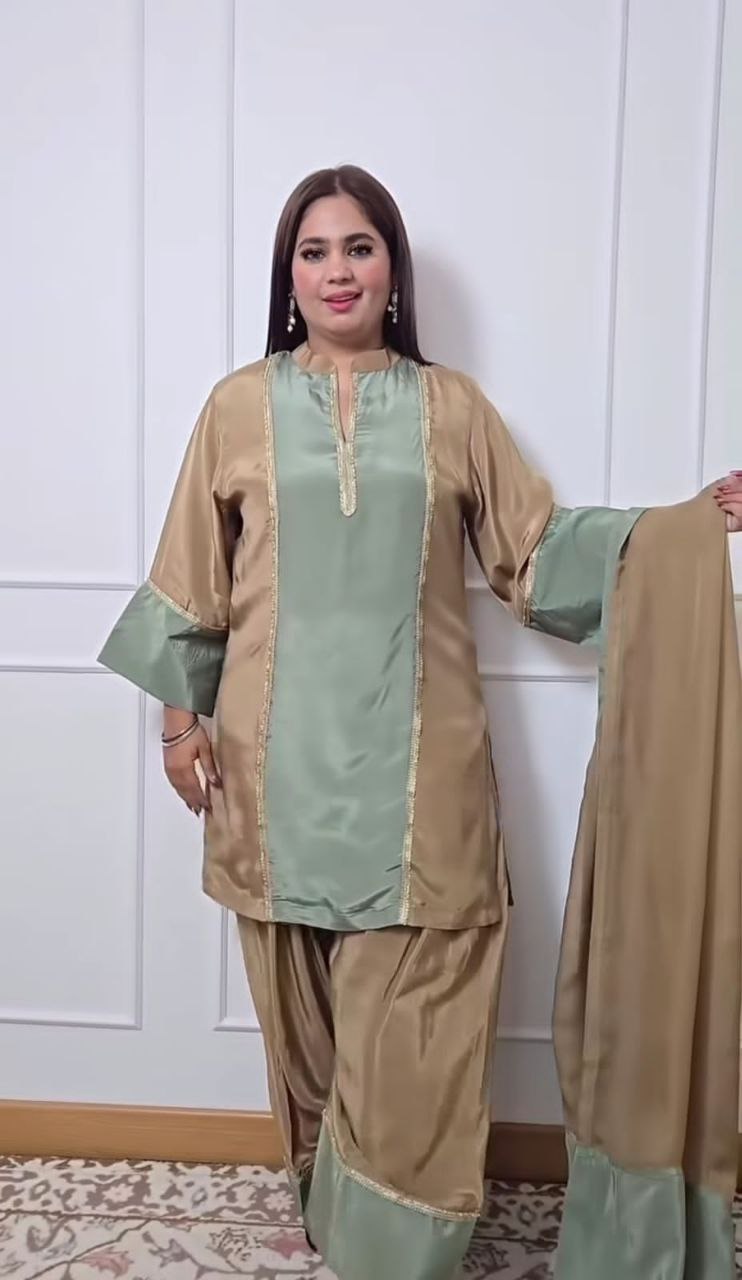 Natural Satin Ethnic Suit Set with Farshi Plazzo & Lace Dupatta | Fully Stitched | Party Wear
