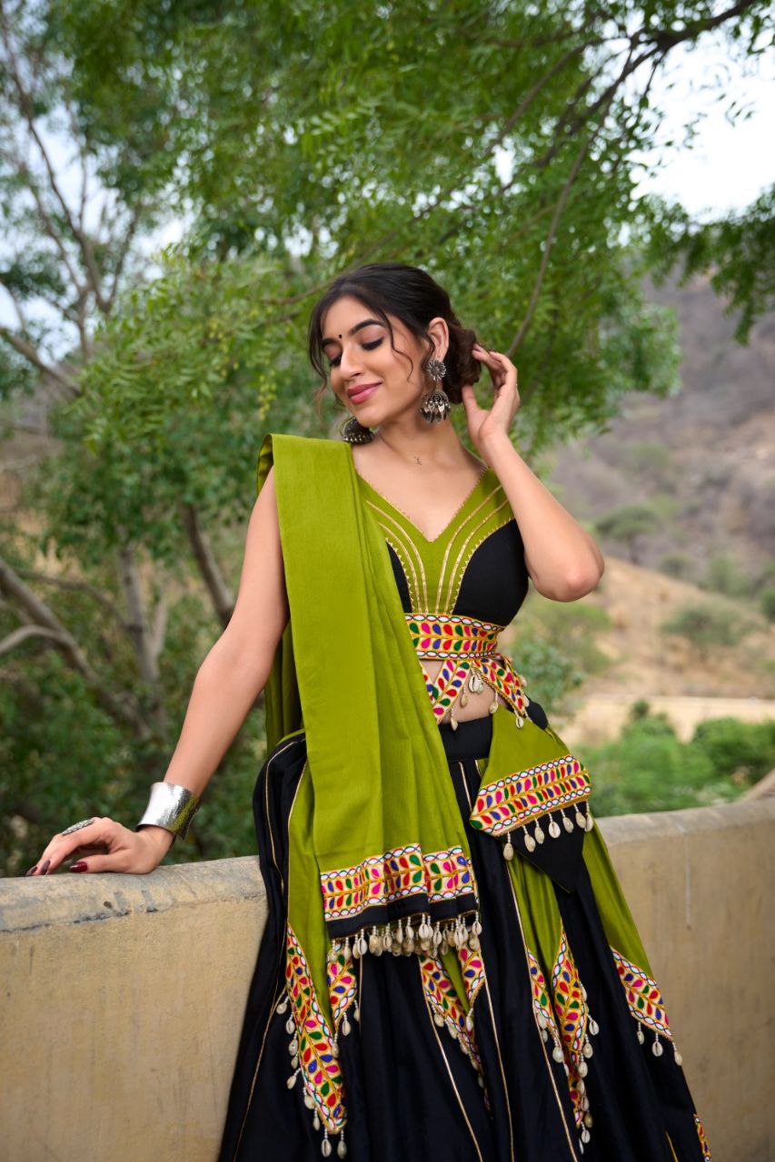 Navratri 2025 Cotton Lehenga Choli Set with Cowrie & Gamthi Lace