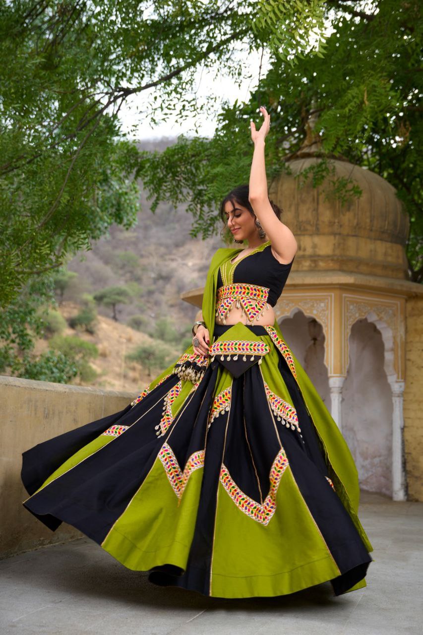 Navratri 2025 Cotton Lehenga Choli Set with Cowrie & Gamthi Lace