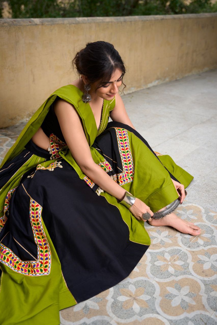Navratri 2025 Cotton Lehenga Choli Set with Cowrie & Gamthi Lace
