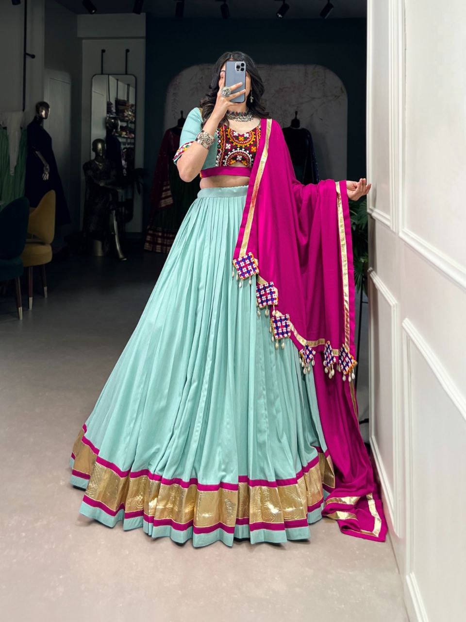 Navratri 2025 Rayon Lehenga Choli Set | Mirror & Lace Work