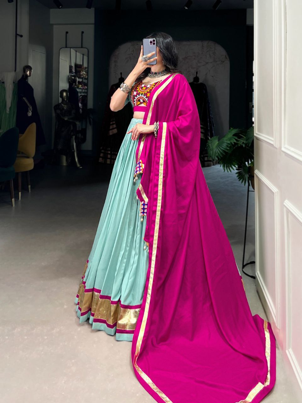 Navratri 2025 Rayon Lehenga Choli Set | Mirror & Lace Work