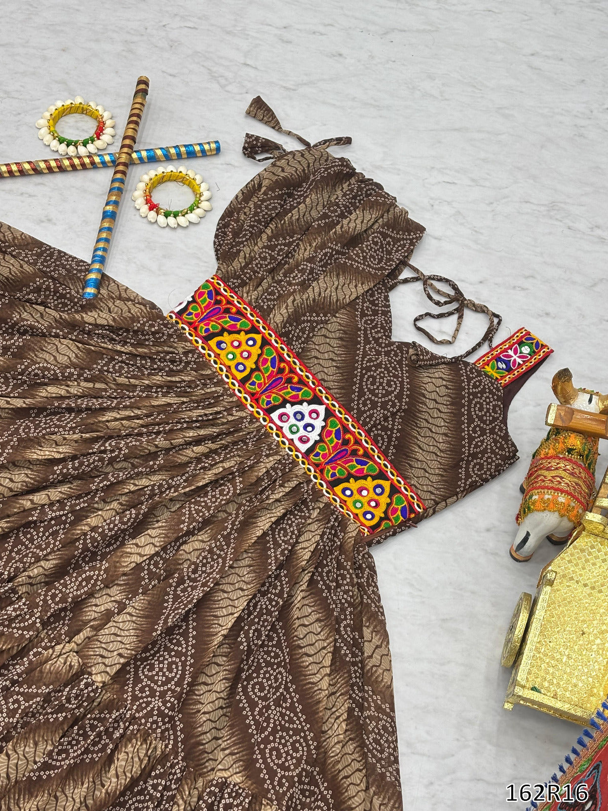 Navratri Special Gamathi Work Bandhni Print Gown with Real Mirror Work