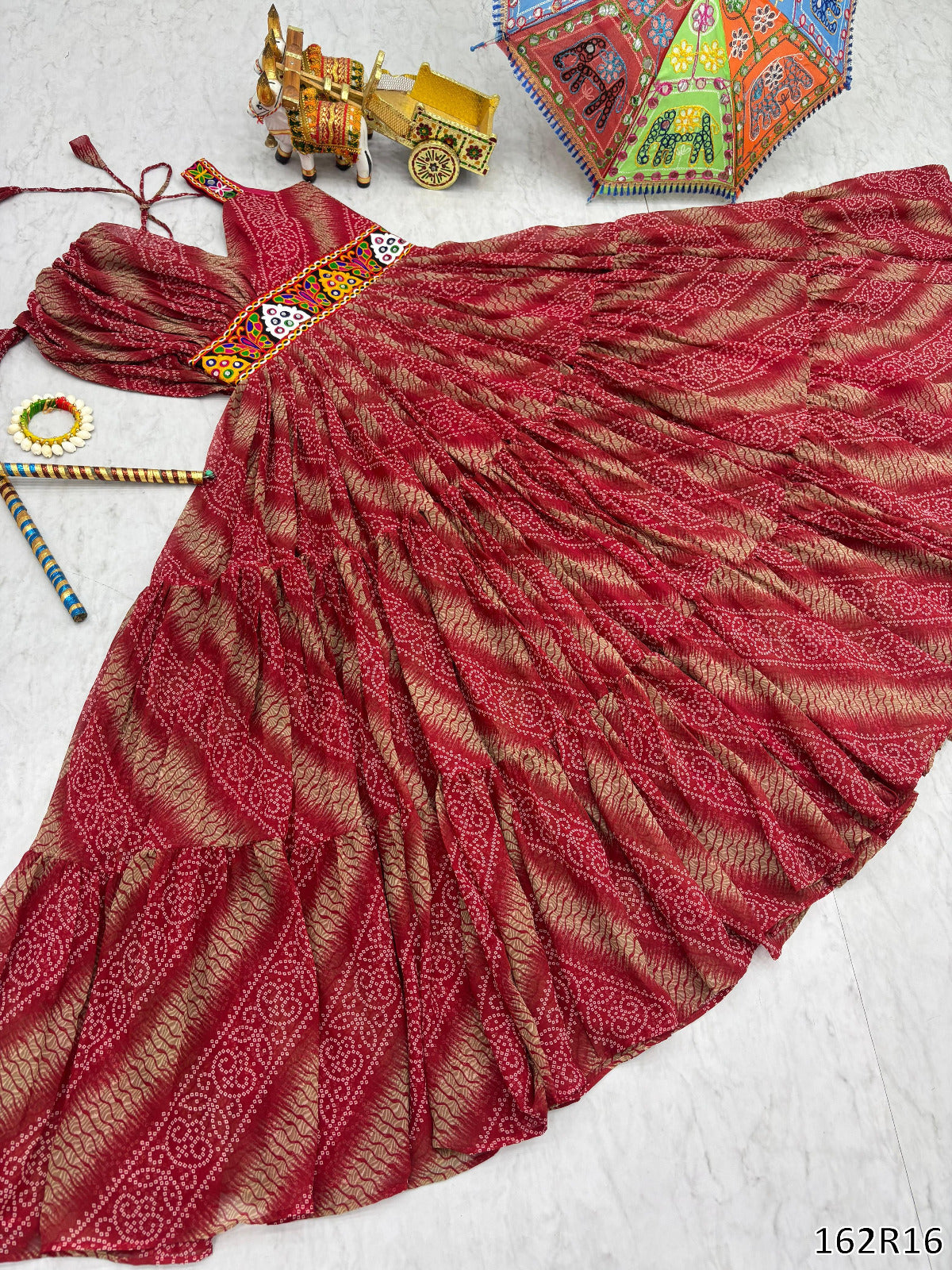 Navratri Special Gamathi Work Bandhni Print Gown with Real Mirror Work