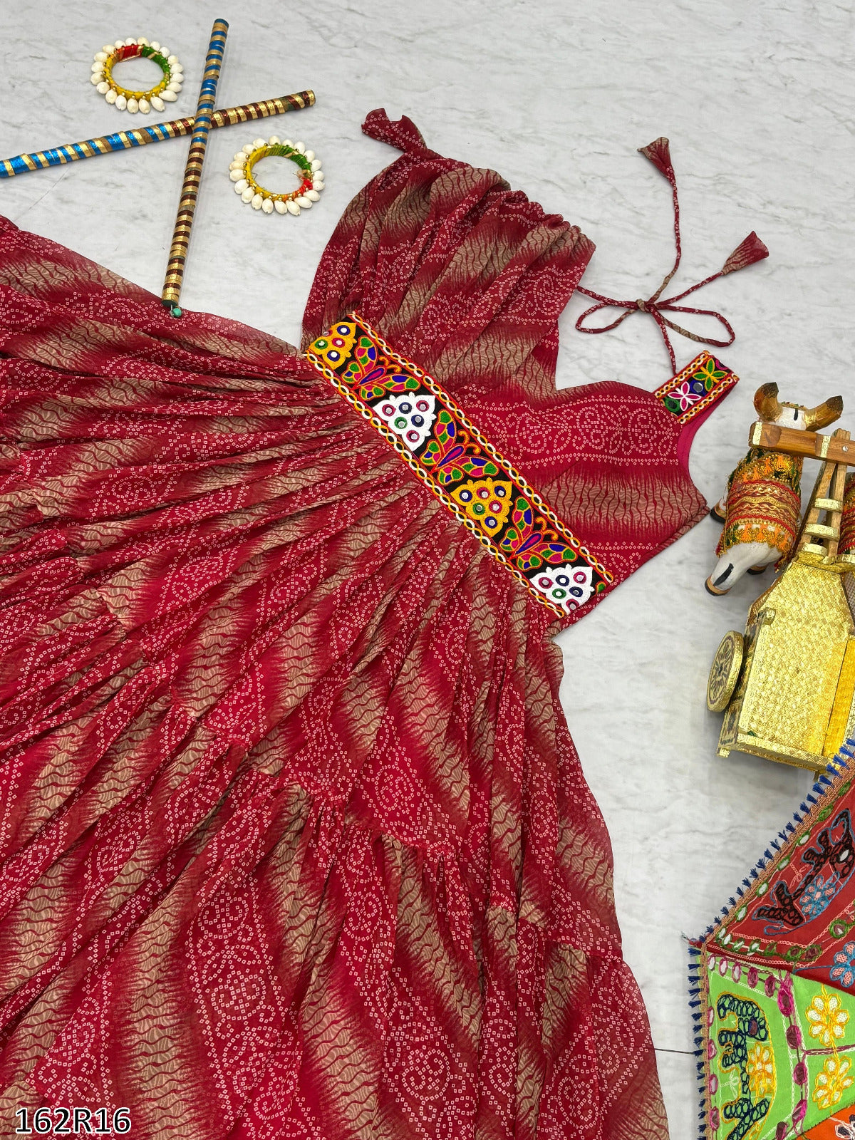 Navratri Special Gamathi Work Bandhni Print Gown with Real Mirror Work