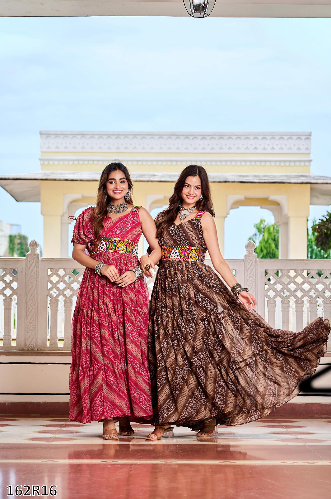 Navratri Special Gamathi Work Bandhni Print Gown with Real Mirror Work