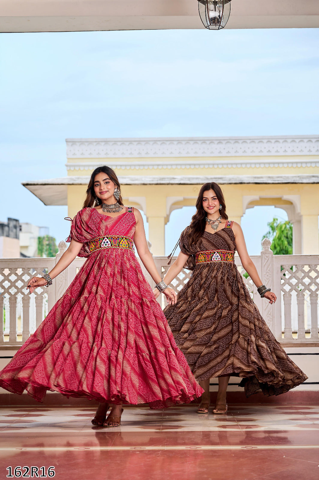 Navratri Special Gamathi Work Bandhni Print Gown with Real Mirror Work