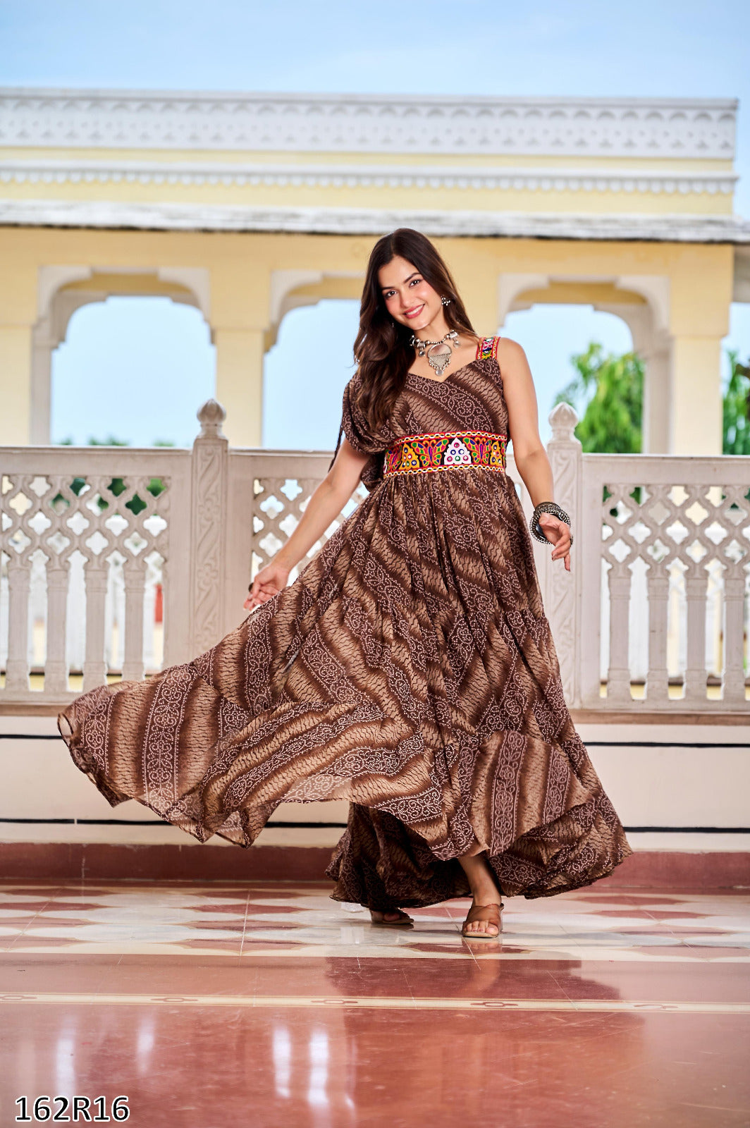 Navratri Special Gamathi Work Bandhni Print Gown with Real Mirror Work