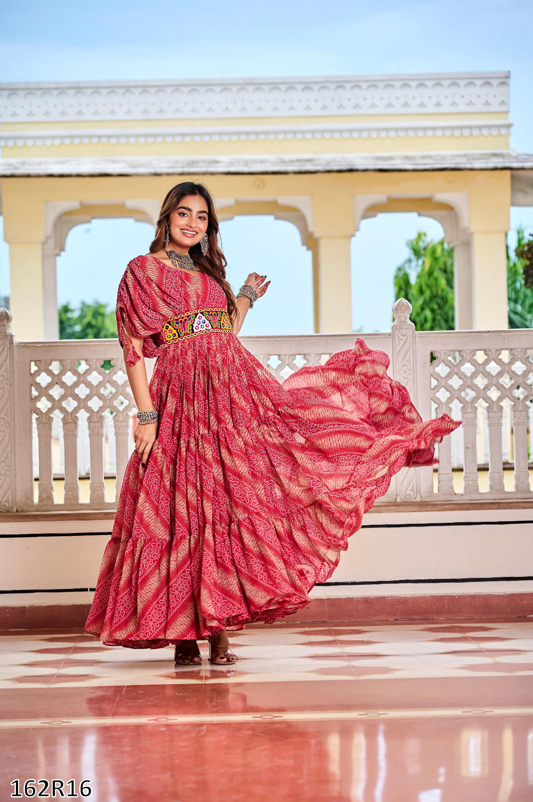 Navratri Special Gamathi Work Bandhni Print Gown with Real Mirror Work