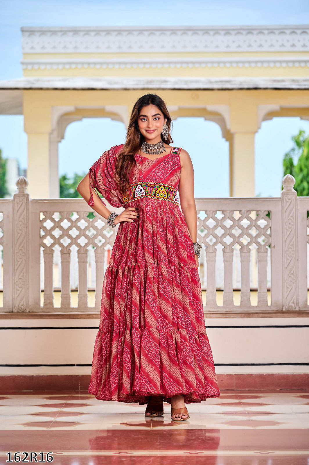 Navratri Special Gamathi Work Bandhni Print Gown with Real Mirror Work