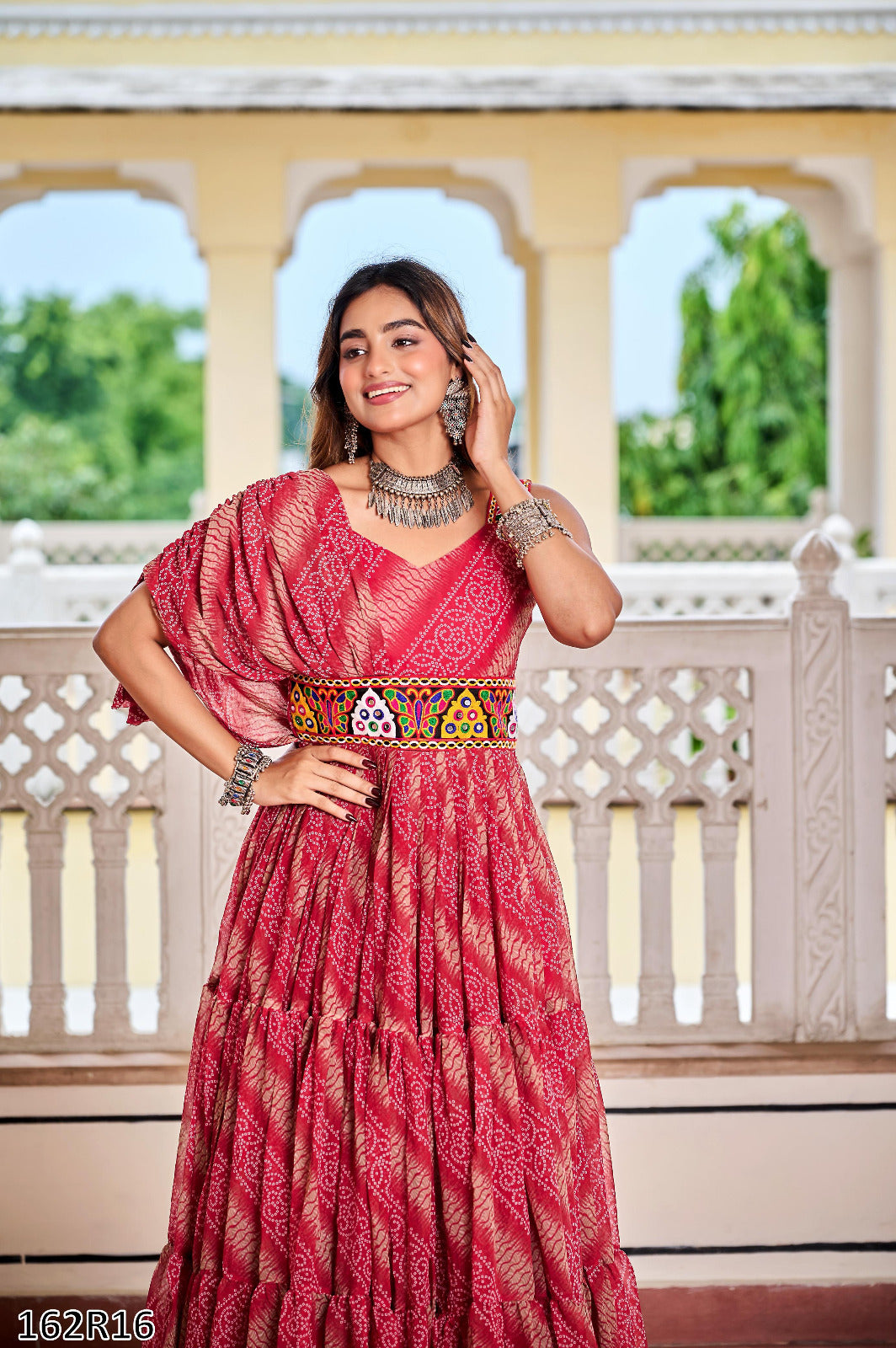 Navratri Special Gamathi Work Bandhni Print Gown with Real Mirror Work