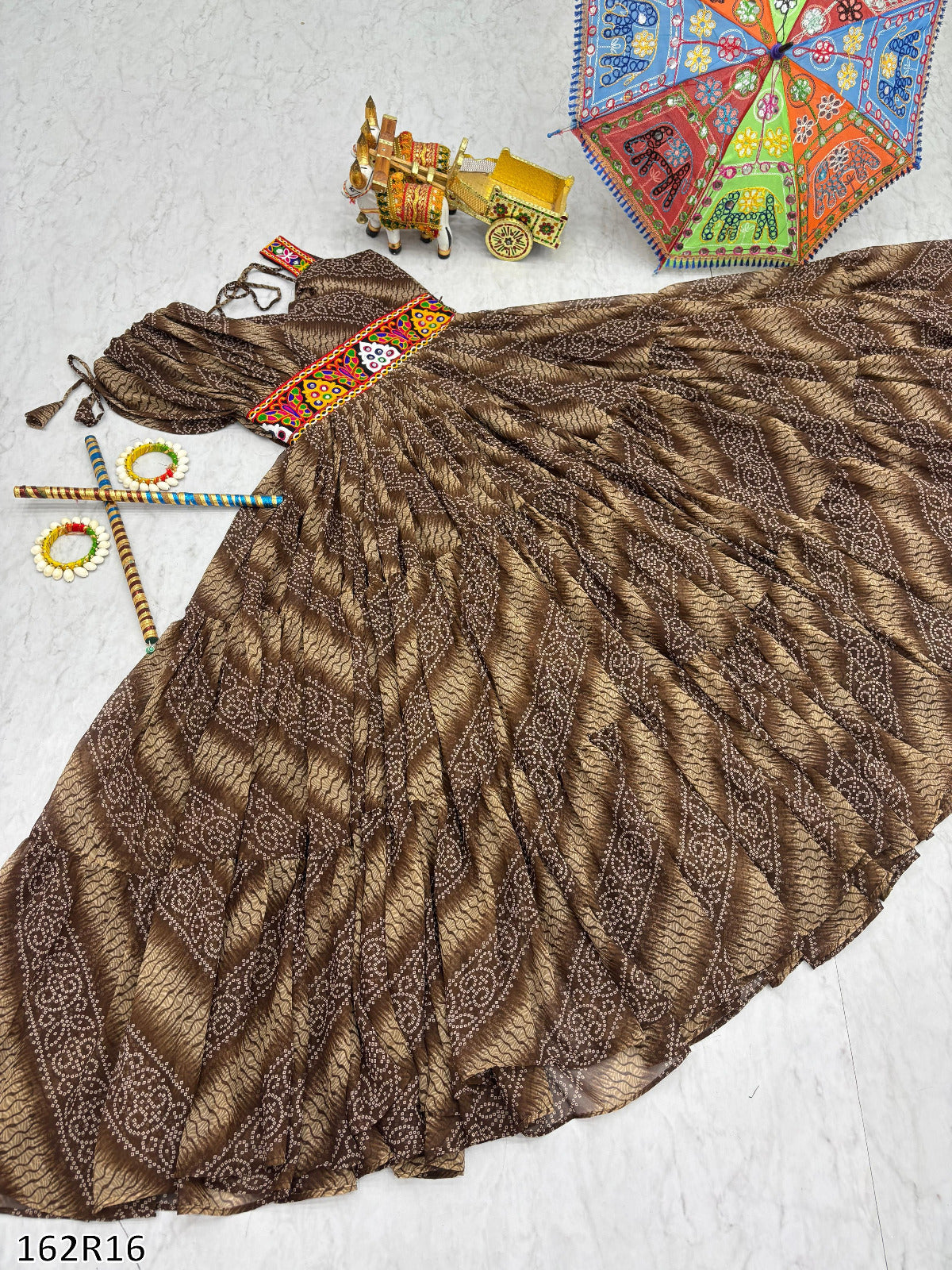 Navratri Special Gamathi Work Bandhni Print Gown with Real Mirror Work