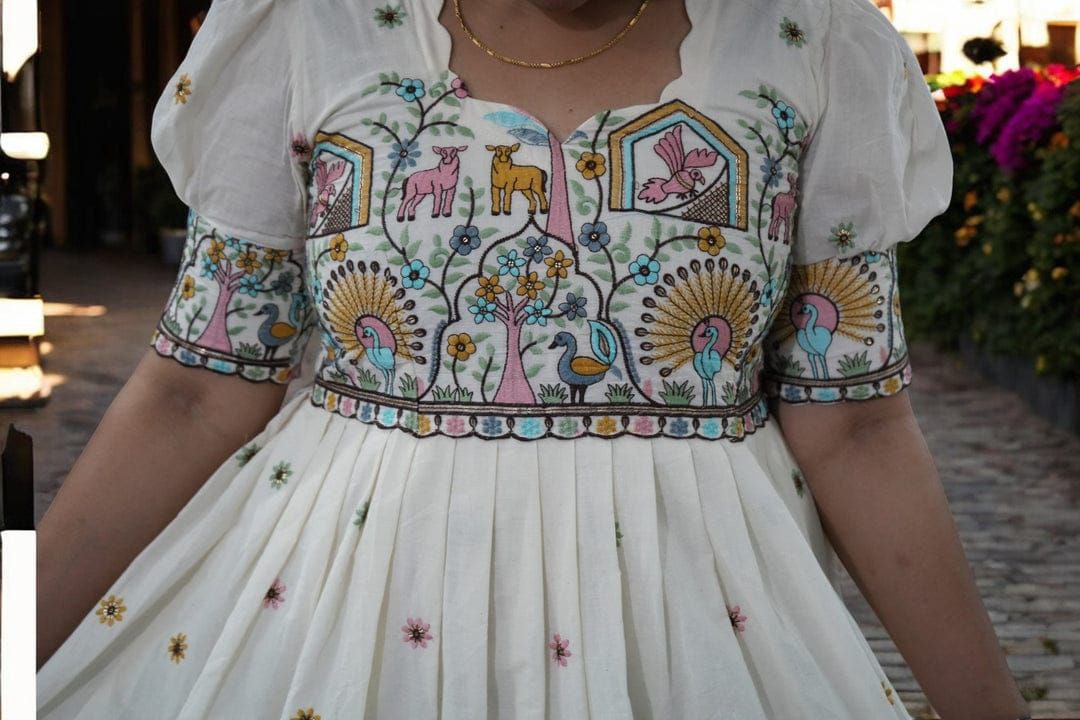 New Arrival Off-White Cotton Frock for Women | Embroidered Thread Work | Full Flair Dress with Zip