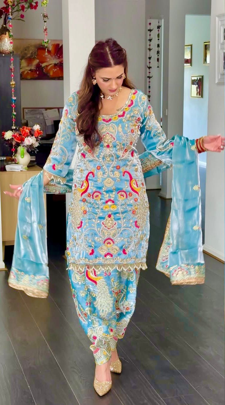 Luxurious Sky Blue 3-Piece Plazzo Set | Heavy Jimmy Choo Party Wear Top, Plazzo & Dupatta