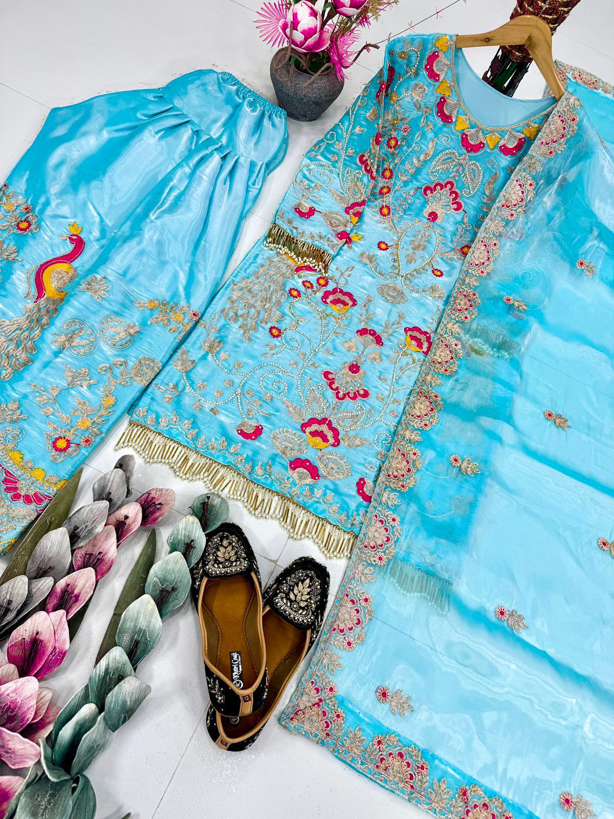 Luxurious Sky Blue 3-Piece Plazzo Set | Heavy Jimmy Choo Party Wear Top, Plazzo & Dupatta